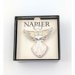 Vintage Napier Angel Brooch Cream Enamel‎ Rhinestone Christmas Holiday Jewelry